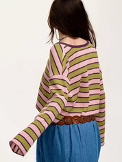 Daverri Fashions pink green striped waffle texture long sleeve top