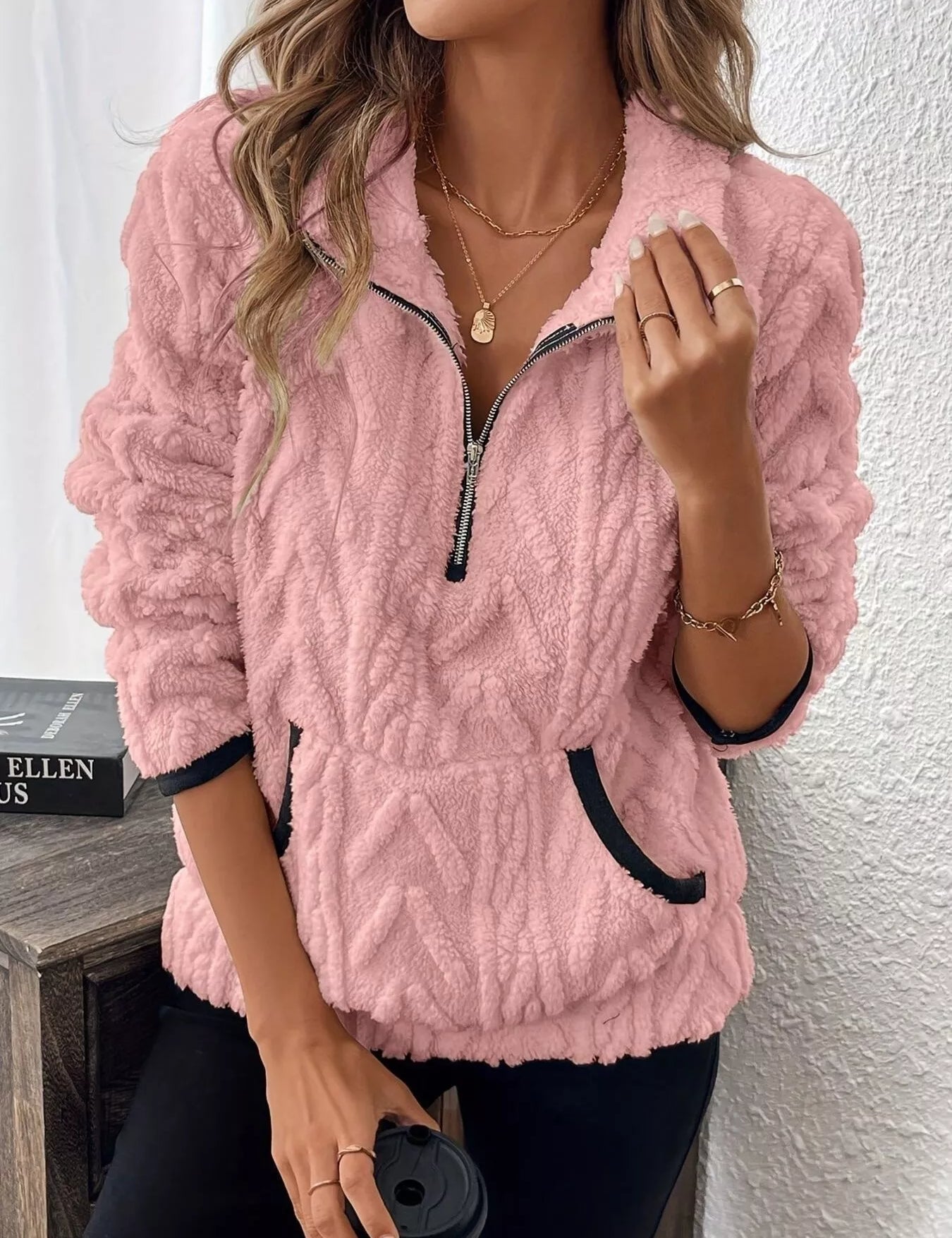 Pink Cozy Sherpa Half Zip Sweatshirt | Sweatshirts Daverri Fashions