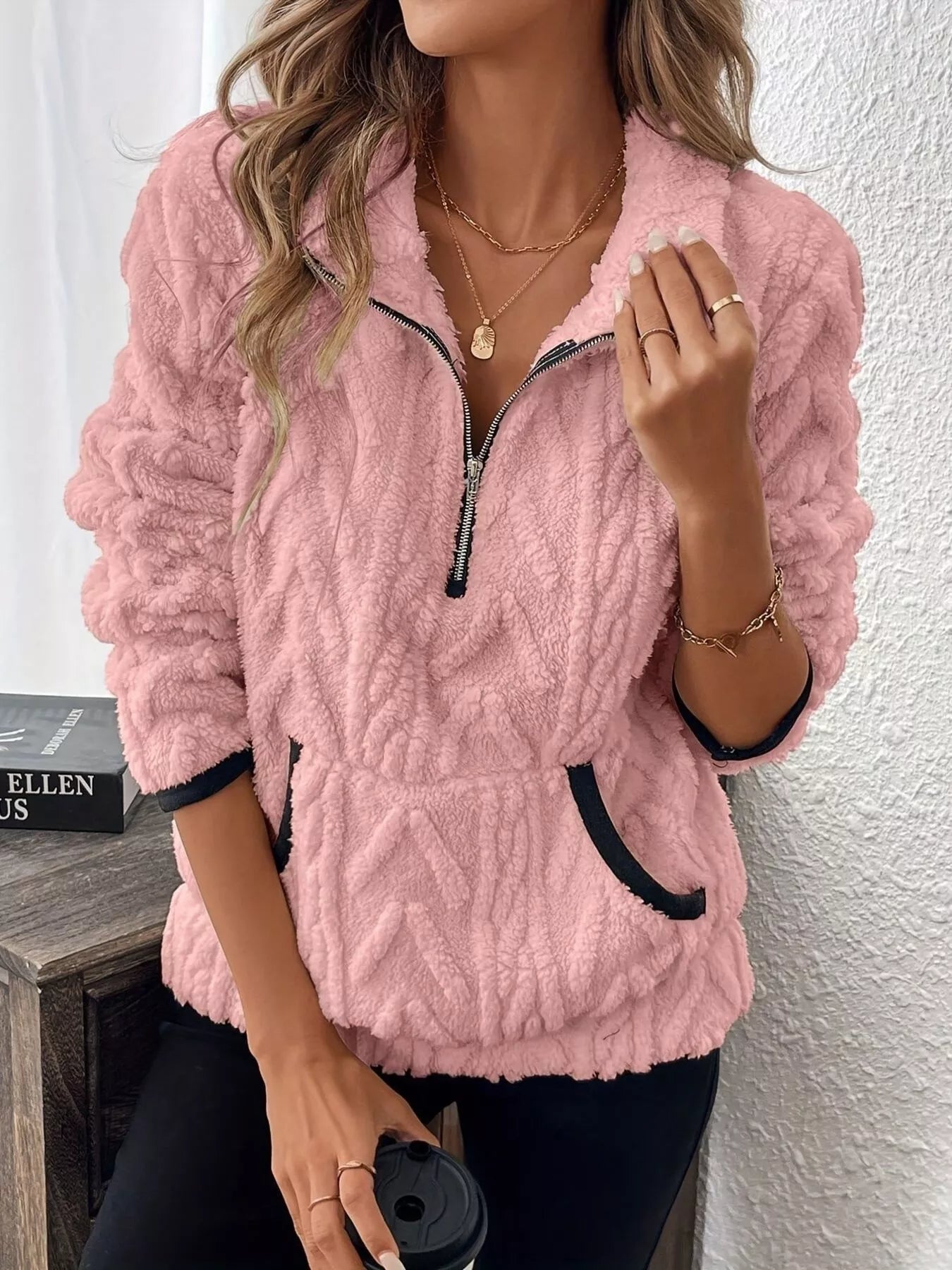 Pink Cozy Sherpa Half Zip Sweatshirt | Sweatshirts Daverri Fashions