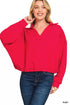 Vibrant red Zenana French terry collared cropped hoodie