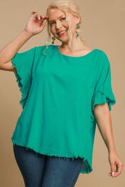 Umgee Full Size Raw Hem Ruffle Short Sleeve Blouse Plus Size Blouses