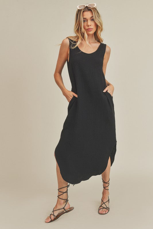 Aemi + Co Round Neck Midi Tank Dress with Pockets Black