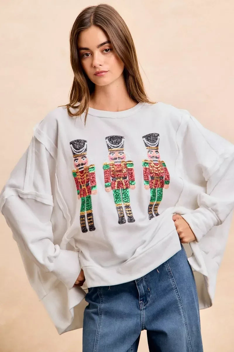 BiBi Christmas Sequin Nutcrackers Embroidery Sweatshirt - DAVERRI FASHIONS