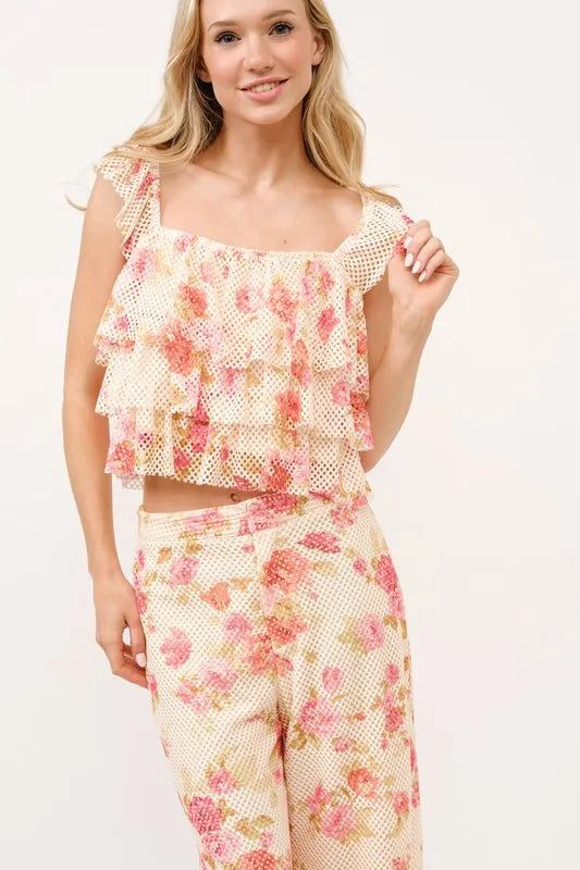 And The Why Tiered Ruffled Floral Fishnet Top