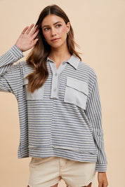 Annie Wear Striped Button Detail Long Sleeve Polo Top Tops