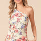 BiBi floral printed jersey knit one-shoulder ruffle sleeve top in cream with pink, red, and purple blossoms