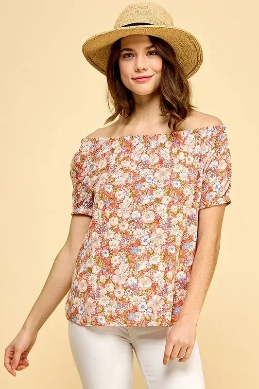 Lime 'N' Chili Floral Print Short Sleeve Off-The-Shoulder Blouse - DAVERRI FASHIONS