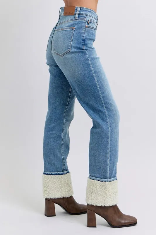 Judy Blue Full Size High Waist Shearling Cuff Straight Jeans