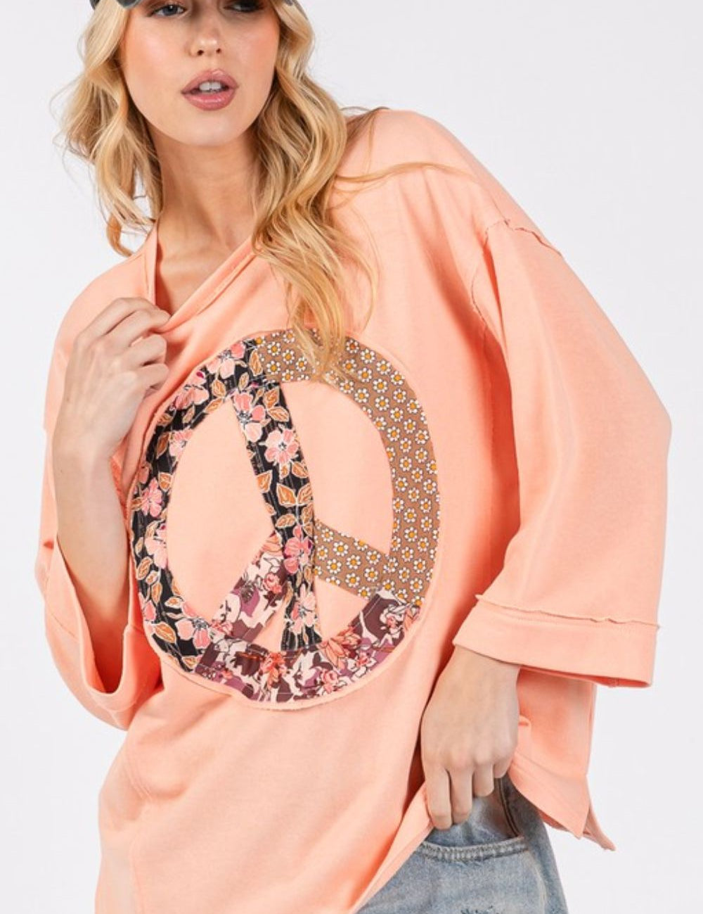 SAGE + FIG Floral Peace Patch Round Neck Top PEACH