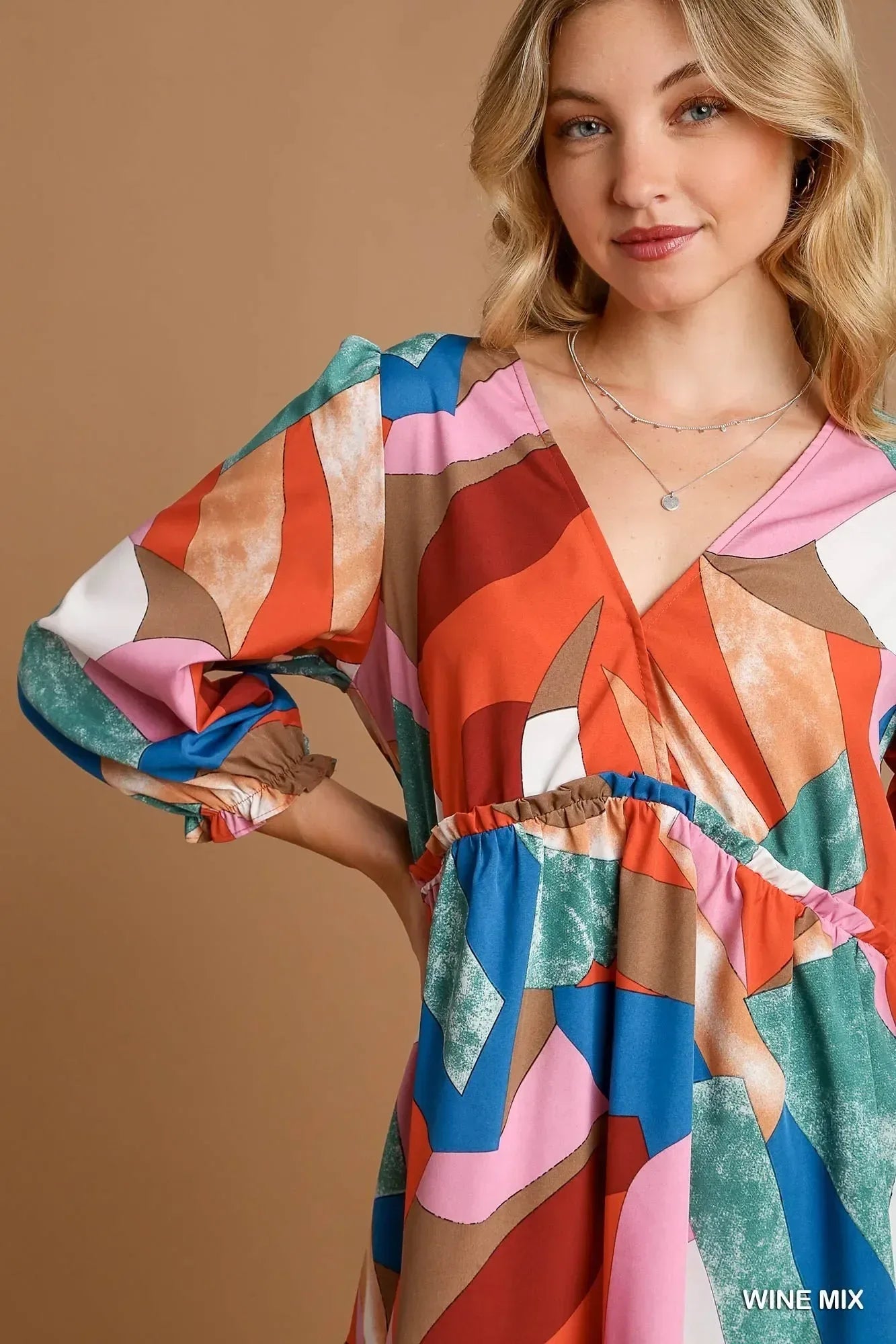 Umgee Abstract V-Neck Tiered Printed Dress - DAVERRI FASHIONS