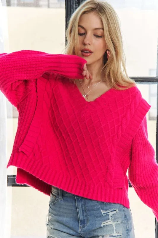 ADORA Ruffle Detail Adorable Sweater HOT PINK Sweaters