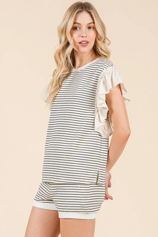 Lime 'N' Chili Striped Ruffle Sleeve Round Neck Top & Shorts Set