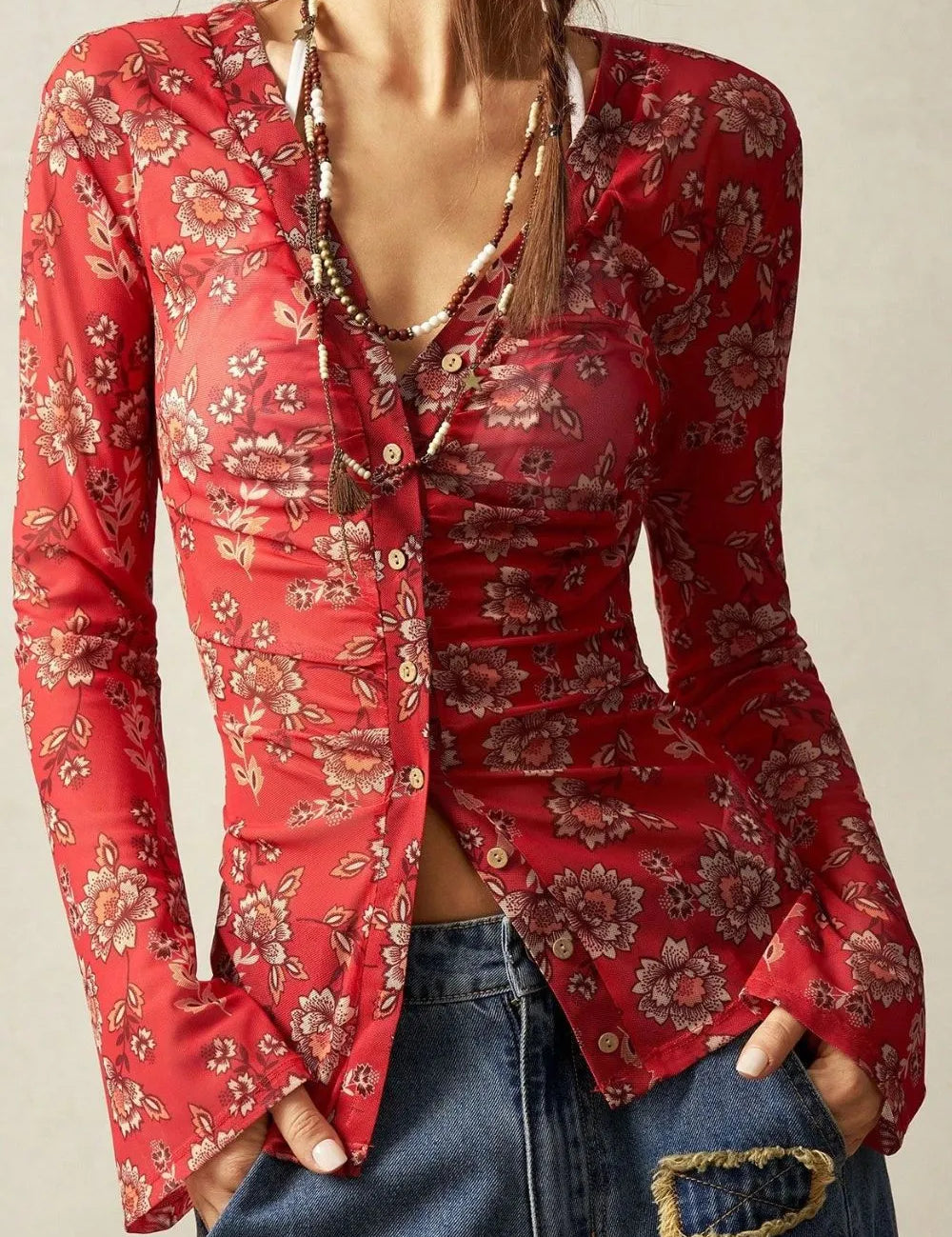 Floral Button-Front Shirt with Bell Sleeves | Shirts Daverri Fashions