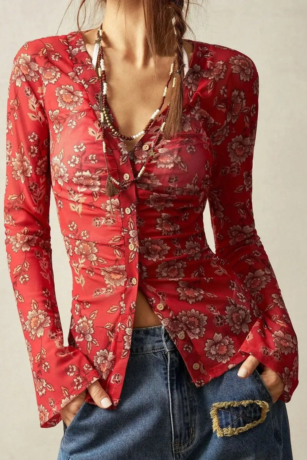 Floral Button-Front Shirt with Bell Sleeves - DAVERRI FASHIONS