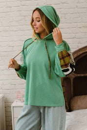 DUSTY TEAL LT OLIVE BiBi Plaid With Stripes Mix Match French Terry Hoodie | Hoodies Daverri Fashions