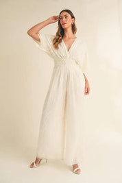 MABLE Fluffy Deep V Neck Wide Leg Jumpsuit | Jumpsuits Daverri Fashions