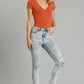 Umgee 5-Pockets Distressed Detail Stretch Denim Skinny Jeans with Unfinished Hem LT. DENIM Jeans