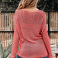 Coral crochet hollow out long sleeve knit top with openwork mesh pattern