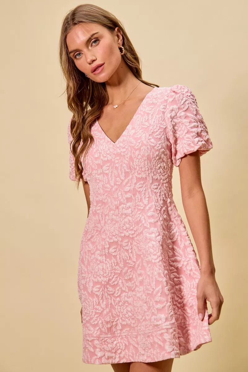 SO ME floral jacquard fit and flare mini dress in soft pink lace with puffed sleeves and V-neckline