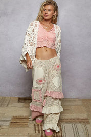 POL Openwork V-Neck Chenille Cardigan with Contrast Floral | Cardigans Daverri Fashions