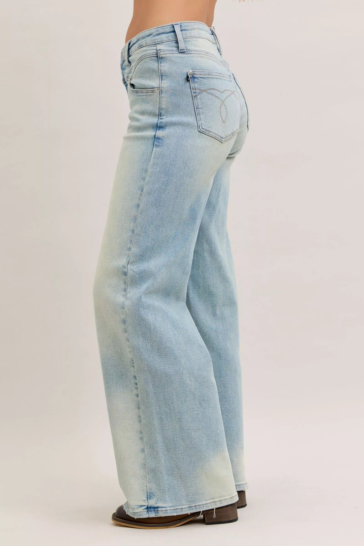 Judy Blue high-waist light-wash denim flare jeans with heart embroidery
