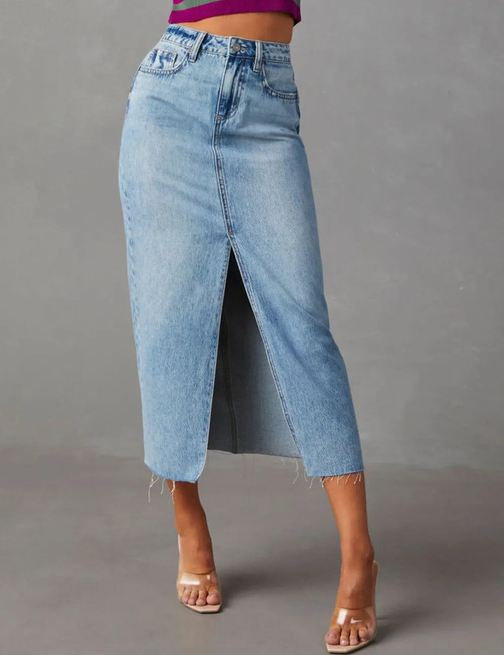 Raw Hem Front Slit Denim Midi Skirt | Skirt Daverri Fashions