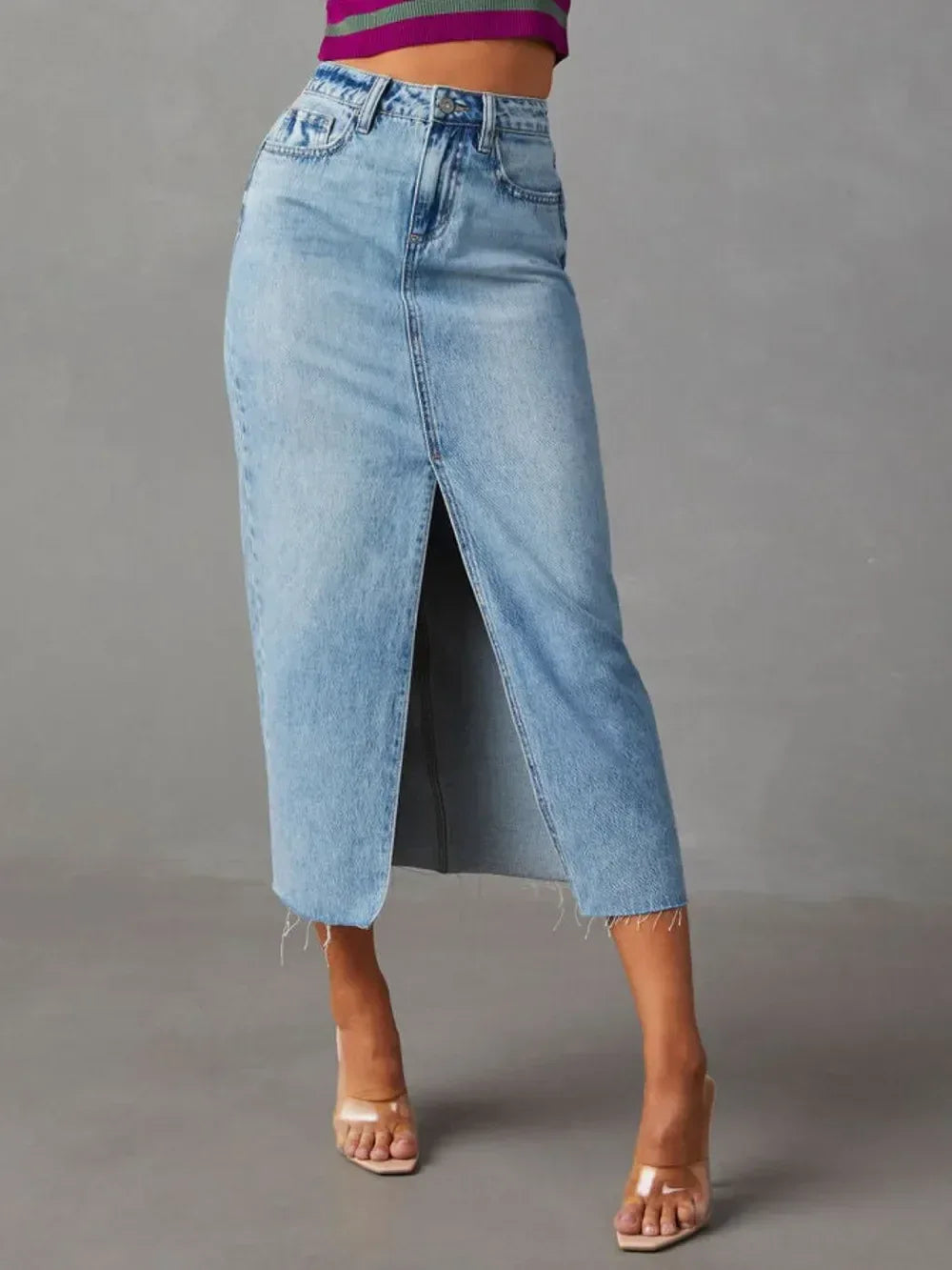 Raw Hem Front Slit Denim Midi Skirt - DAVERRI FASHIONS