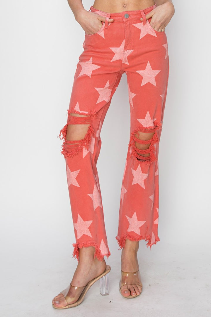 RISEN Full Size Distressed Raw Hem Star Pattern Jeans Jeans