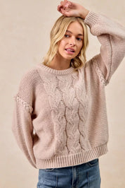 BiBi Cable Knit Sweater in beige with ribbed detailing and shoulder braid