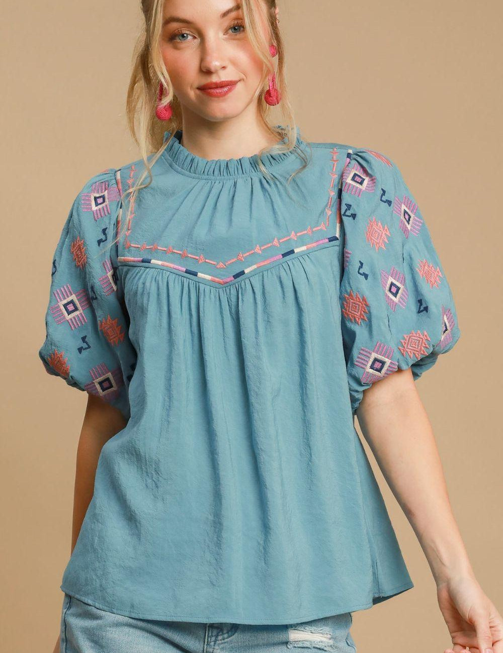 Teal Umgee Full Size Embroidered Puff Sleeve Mock Neck Top Plus Size | Tops Daverri Fashions