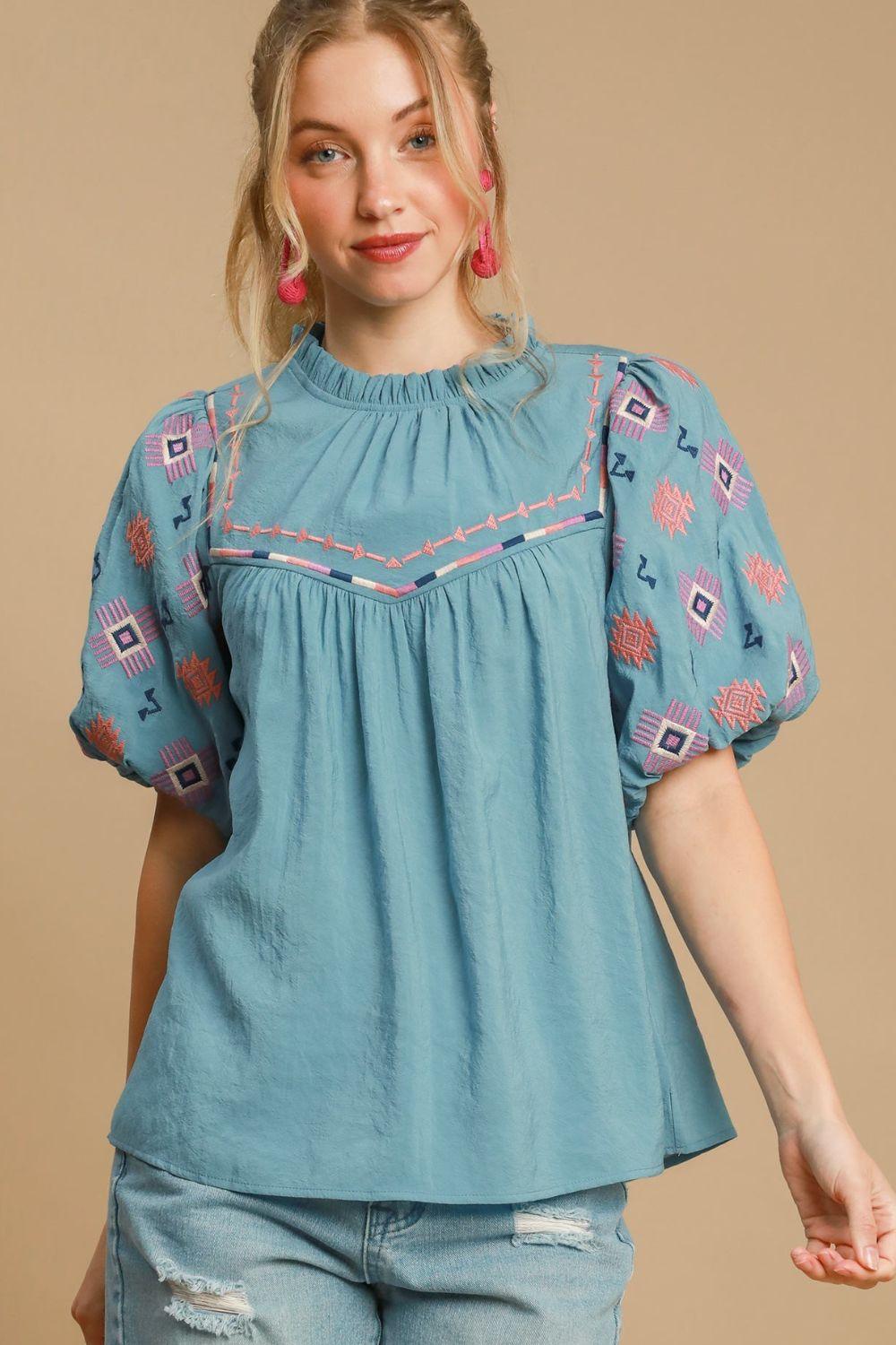 Umgee Full Size Embroidered Puff Sleeve Mock Neck Top Plus Size Teal