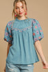 Umgee Full Size Embroidered Puff Sleeve Mock Neck Top Plus Size Teal