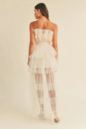 MABLE Tulle Tube Ruffle Crop Top and High Low Maxi Skirt Set | Outfit Sets Daverri Fashions