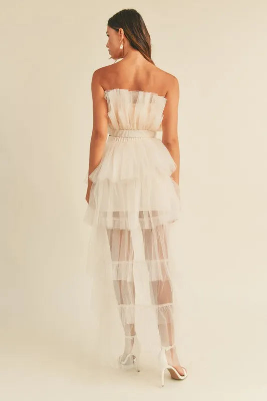 MABLE Tulle Tube Ruffle Crop Top and High Low Maxi Skirt Set Skirt Sets