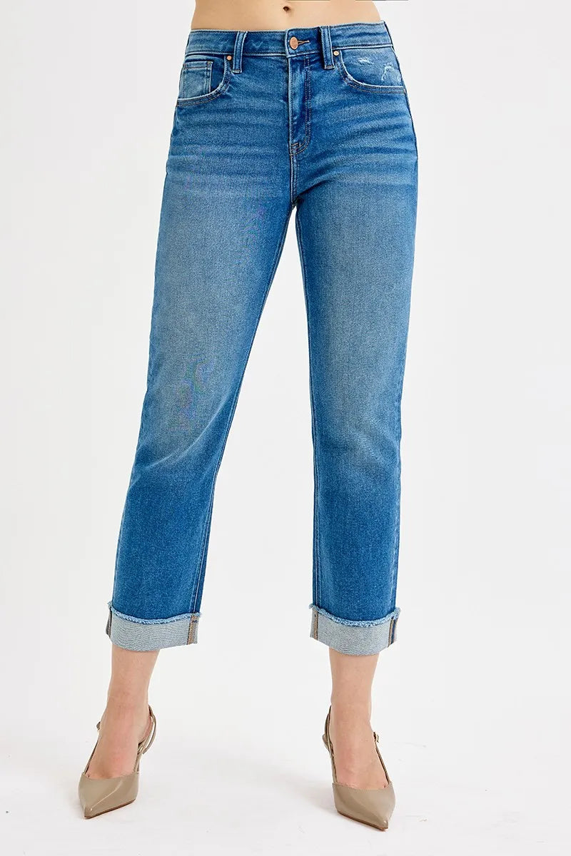 RISEN Full Size High Rise Boyfriend Fit Ankle Jeans DARK Jeans