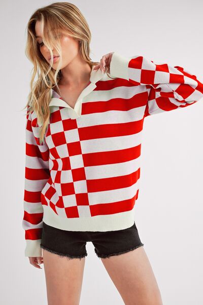 Aemi + Co Striped & Checkered Drop Shoulder Sweater