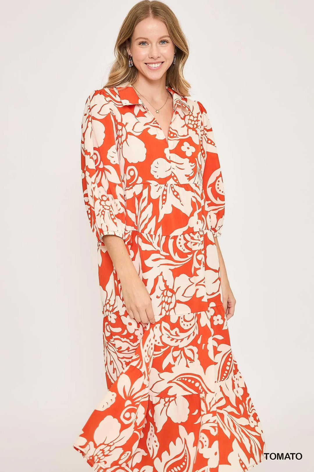 Umgee Floral Print Tiered Midi Dress Midi Dresses