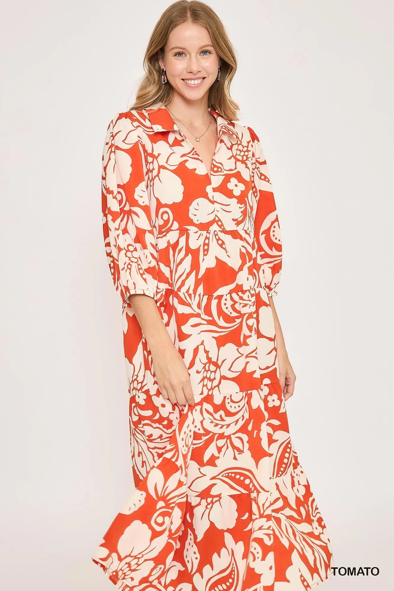 Umgee Floral Print Tiered Midi Dress Midi Dresses