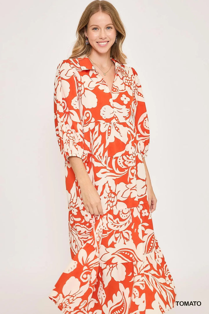 Umgee Floral Print Tiered Midi Dress Midi Dresses
