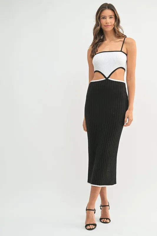 MABLE Black Ribbed Knit Color Block Cutout Midi Dress Midi Dresses