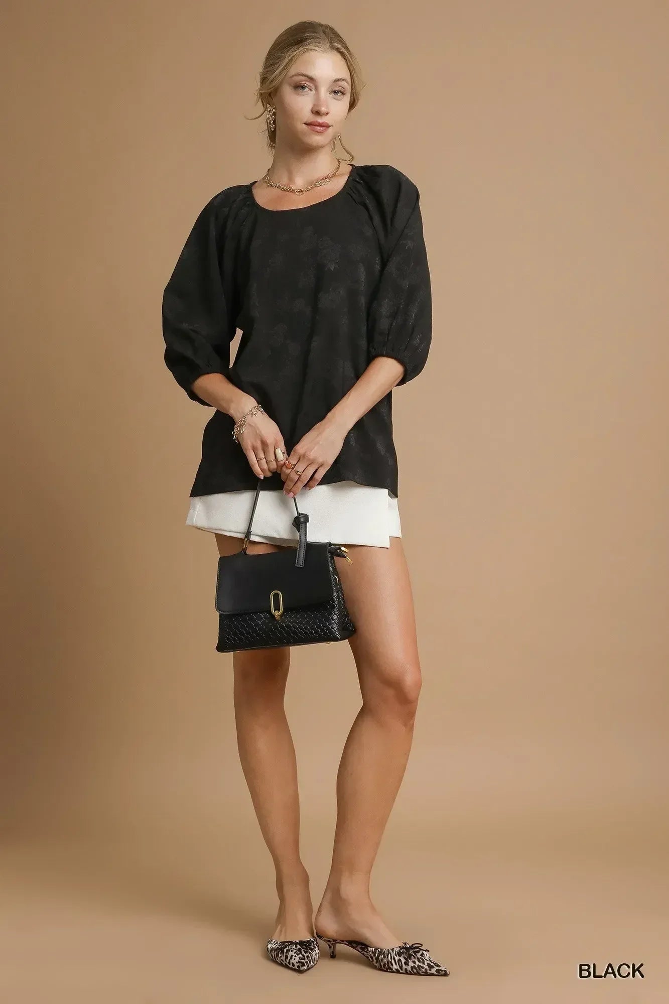 Umgee Satin Jacquard Balloon Sleeve Blouse - DAVERRI FASHIONS