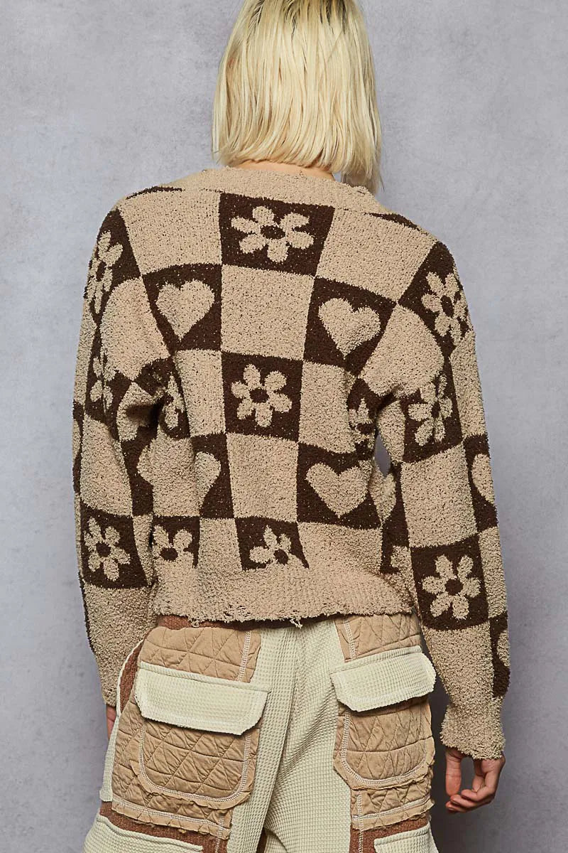 POL V-Neck Heart Pattern Checkered Sweater | Sweaters Daverri Fashions