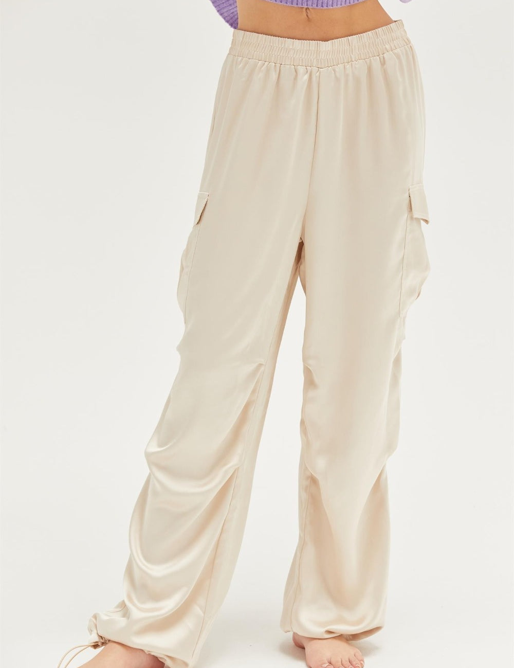 Satin Drawstring Hem Cargo Pants Alpaca Bottoms