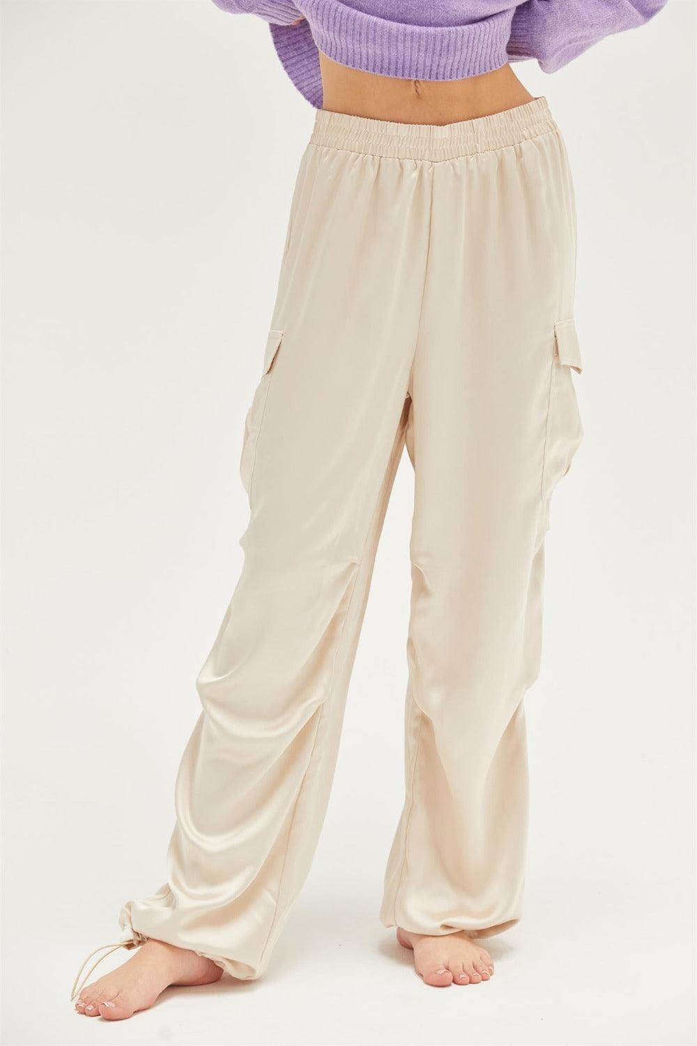 Satin Drawstring Hem Cargo Pants Alpaca L Cargo Pants