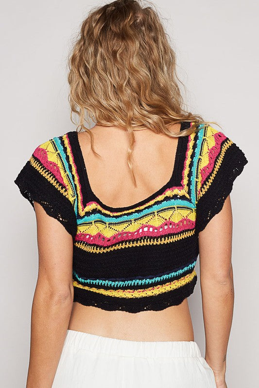 POL Openwork Ethnic Pattern Square Neck Cropped Knit Top Tops