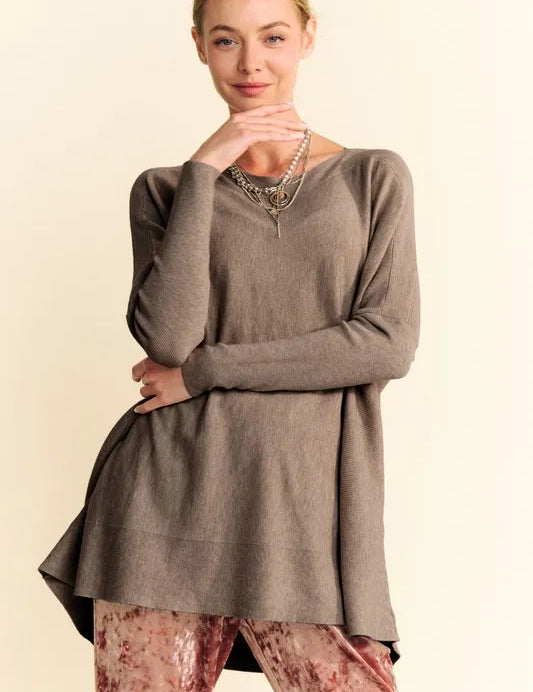 Coffee Brown Davi & Dani Round Neck Dropped Shoulder Long Sleeve Knit Top | Knit Tops Daverri Fashions