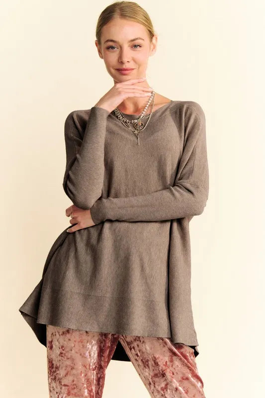 Coffee Brown Davi & Dani Round Neck Dropped Shoulder Long Sleeve Knit Top | Knit Tops Daverri Fashions