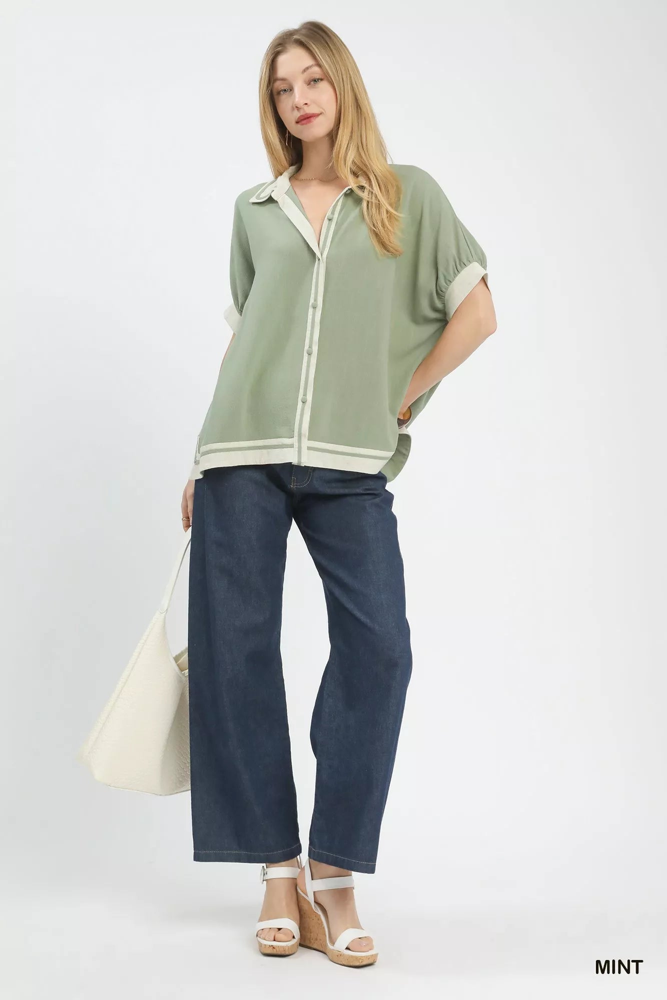 Mint Umgee linen button-front blouse with collar, sheer mint fabric and contrast piping