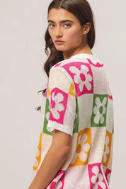 BiBi Flower Checker Pattern Lightweight Sweater Top | Sweaters Daverri Fashions