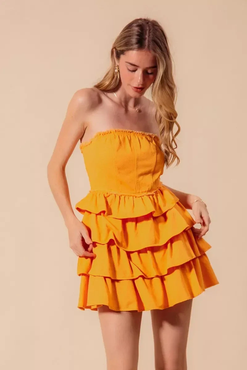 SO ME Strapless Ruffle Layered Game Day Cheer Up Dress - DAVERRI FASHIONS